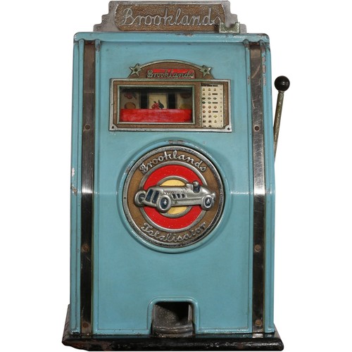 8 - Brooklands Coin Operated One Arm Bandit Slot Machinefeaturing a racing car on front casting, mechani... 