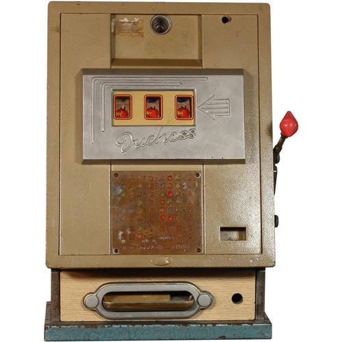 18 - Duchess Coin Operated One Arm Bandit Slot Machinemechanically complete and working.Operating on Old ... 