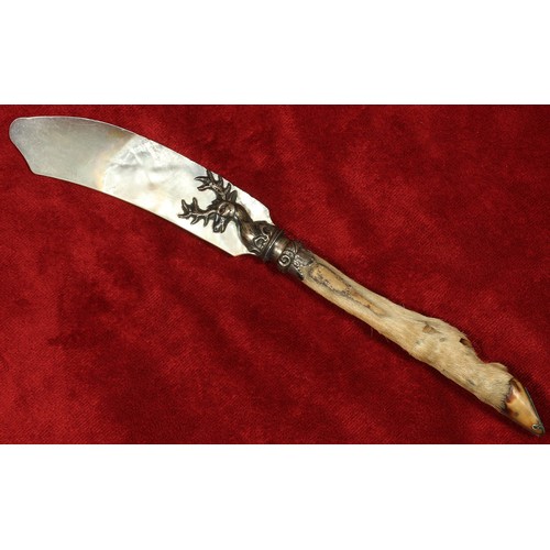 24 - Taxidermy Hoof Handle Mother of Pearl Letter Opener - with ornate stag mount with jewelled eyes.3162... 