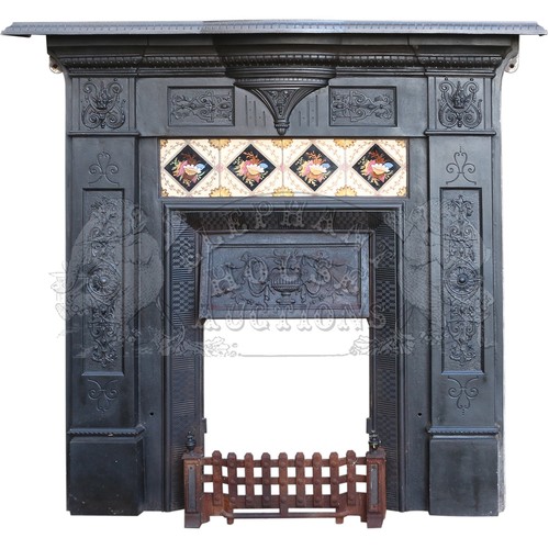 17 - Victorian Cast Iron Fireplace Surround - finely cast, with original tiles. Reg design no. 50443. App... 