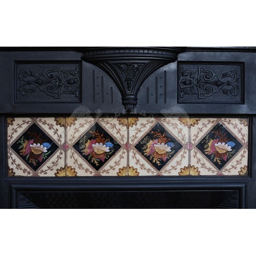 17 - Victorian Cast Iron Fireplace Surround - finely cast, with original tiles. Reg design no. 50443. App... 