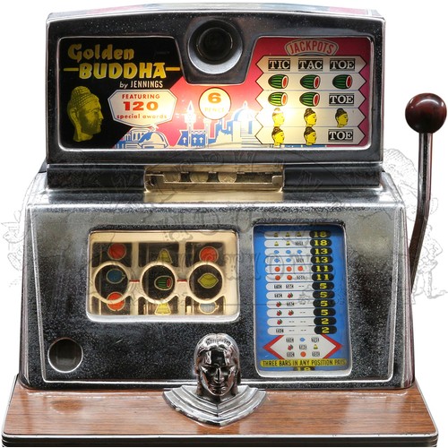 105 - Golden Buddha Console Coin Operated One Arm Bandit Slot Machine by Jennings - in overall good cosmet... 