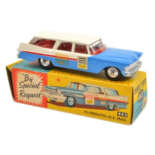 1428 - Corgi Toys Plymouth -U.S. Mail (443). In blue and white livery, with red interior, spun wheels with ... 