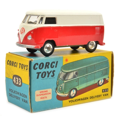 1432 - Corgi Toys Volkswagen Delivery Van (433). In red and white, with yellow interior, spun wheels and bl... 