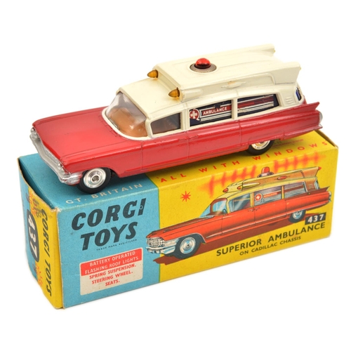 1434 - Corgi Toys Superior Ambulance on Cadillac Chassis (437). In red and cream livery, red light to roof,... 