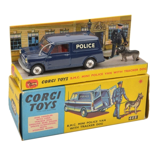 1435 - Corgi Toys B.M.C. Mini Police Van with Tracker Dog (448). Mini in dark blue with red interior, aeria... 