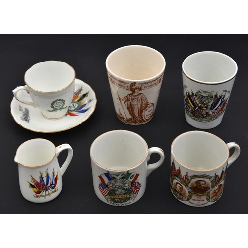 547 - 6 pieces of WWI commemorative china: Chelson China teacup and saucer, each with flags of the Allies ... 