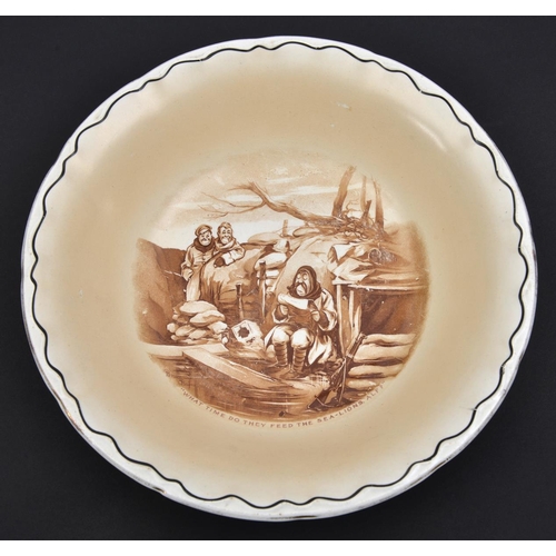 551 - A WWI period Bairnsfather cartoon small bowl, brown painted with heavily moustached figure seated ou... 