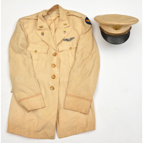 623 - An interesting US Army Air Force ADC's cream linen tropical peaked cap and jacket,  the cap with cre... 