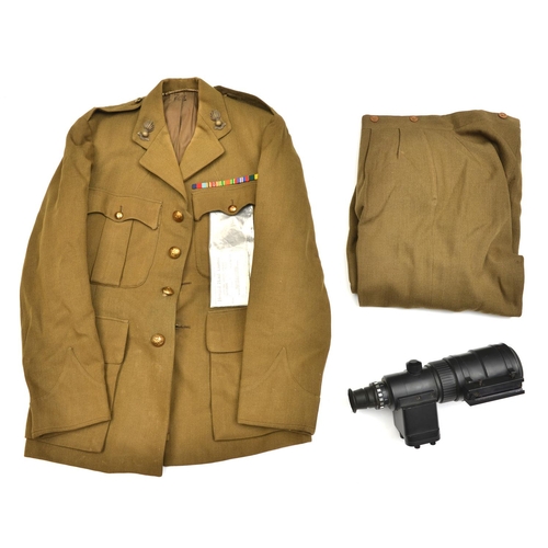 633 - A WWII R Artillery officers No 1 khaki tunic, medal ribbons WWII etc, and pair overalls; London hote... 