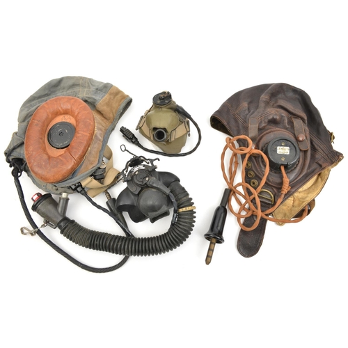 636 - An RAF Type C leather flying helmet, with earphones AM10A, and oxygen mask; and a grey linen 22c fly... 