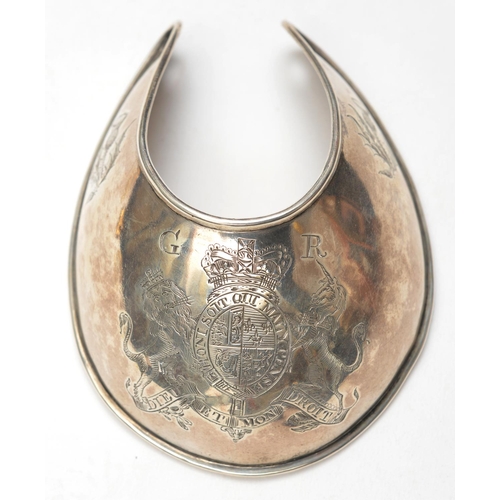 8 - A Georgian Scottish infantry officer's silver gorget, engraved with crowned pre 1801 Royal Arms, sup... 