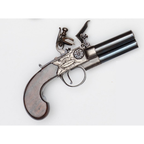 96 - A scarce 3 barrelled 150 bore tap action flintlock boxlock pocket pistol, by Whalley, Macclesfield, ... 