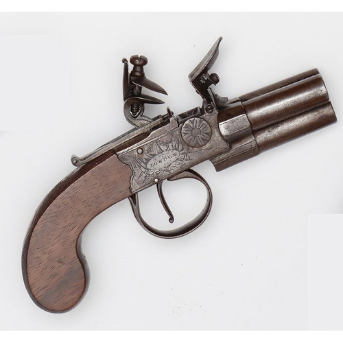 97 - A scarce 3 barrelled 150 bore tap action flintlock boxlock pocket pistol by J. H. Bolton, London, c ... 