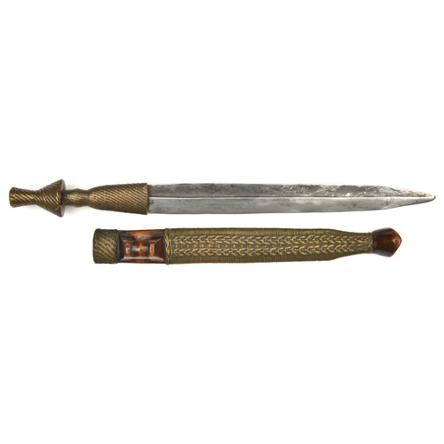 190 - A good African Shona tribal knife bakatwa. c.1900, straight DE blade 29cms with off-set fullers, woo... 