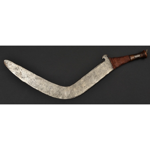 193 - An African Nsakara tribal knife enono. Late 19th century, broad DE blade 53cms of boomerang shape wi... 