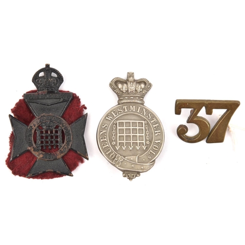 450 - A Vic Queen’s Westminster Vols WM glengarry badge  and darkened 16th County of London cap; a 37 (N. ... 