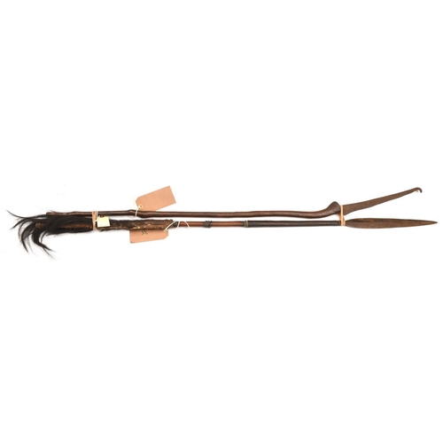 539 - A Zulu spear,  leaf shaped blade 12”, leather bound onto darkwood haft with rings, horsehair covered... 