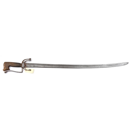 613 - A 19th cent Arab sword nimcha,  slightly curved SE  blade 31”, DE at point, with band of 5 narrow fu... 