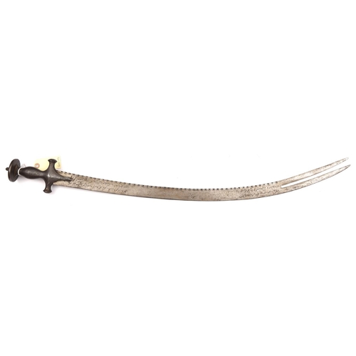 617 - An unusual 19th century Indian sword tulwar,  heavy, curved, flat blade 30”, bifurcated at point, wi... 