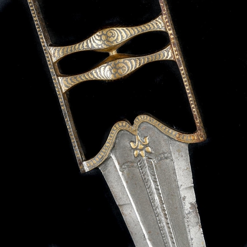 134 - An Indian dagger katar. 19th century, blade 18cms with raised central rib and thickened point, gold ... 