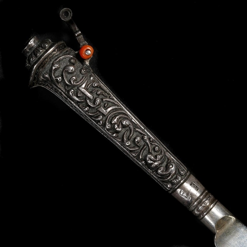 143 - An unusual Balkan silver fruit knife. Possibly 20th century, straight slender single edge silver bla... 