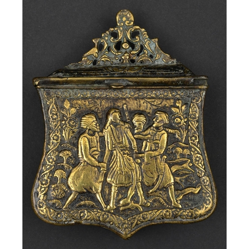 158 - A Greek cast brass cartouche palaska.19th century, 10cms, the front with a relief scene of Athanasio... 