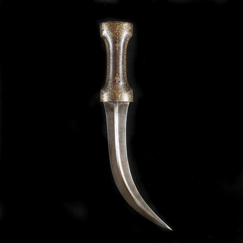 165 - An Indian dagger jambiya, mid 19th century. Curved DE wootz blade 21cms with raised central rib, iro... 