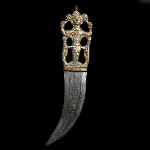 176 - An Indian dagger, 20th century. Cast brass hilt in the form of a deity supported by foliage, broad c... 