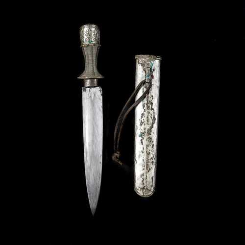 183 - A Tibetan dagger. 20th century, straight single edge blade 19cms, nickel pommel and sheath embossed ... 