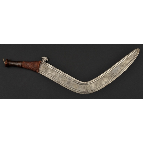 193 - An African Nsakara tribal knife enono. Late 19th century, broad DE blade 53cms of boomerang shape wi... 