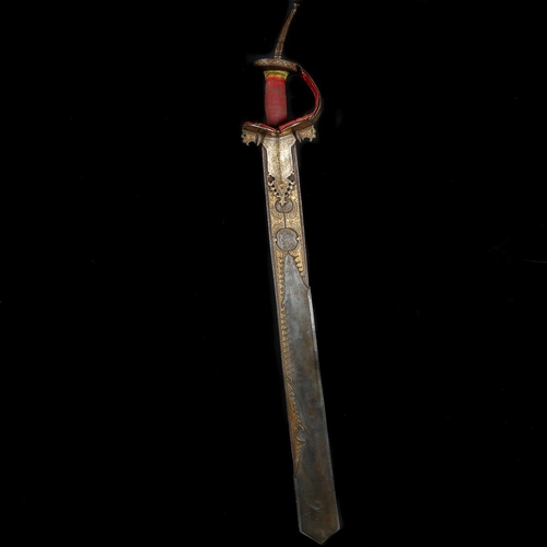 213 - A large Indian sword khanda.Late 18th century, broad SE blade 68.5cms etched in imitation of waterin... 