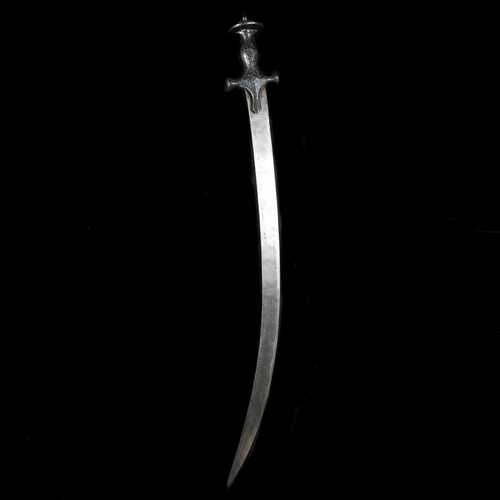 217 - An Indian sword tulwar. Late 19th century, curved SE blade 75cms, iron hilt covered with silver foil... 