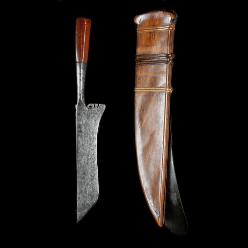 224 - A short machete wedung from Java or Bali. Blade 17cms with unusual hatchet point, long tang with woo... 