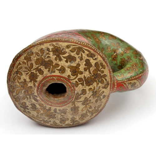 239 - An Indian lacquered wood flask. Of turbo shell form, lacquered with flowering foliage against ground... 