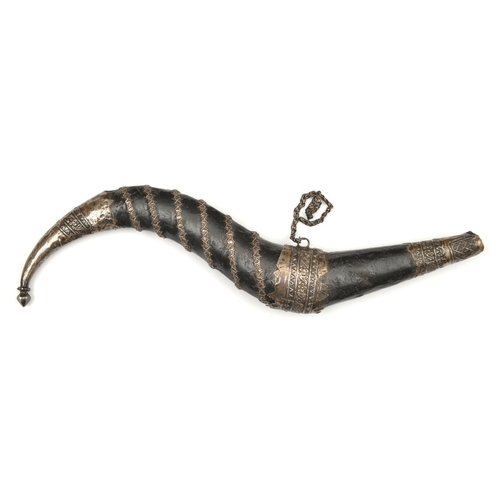 240 - A horn-shaped Indian priming flask. 27cms, fabric covered, swollen in the middle, mounted with press... 