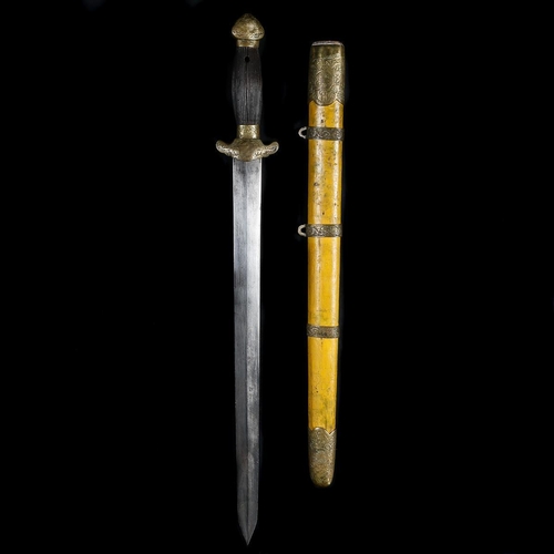 248 - A Chinese sword jian c.1900. Straight DE shallow diamond section blade 41cms, fluted wooden grip, br... 