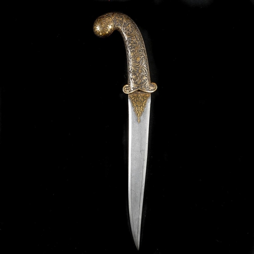 258 - An Indian dagger khanjar. Recurved DE pattern welded blade 23cms gold damascened at forte, iron hilt... 