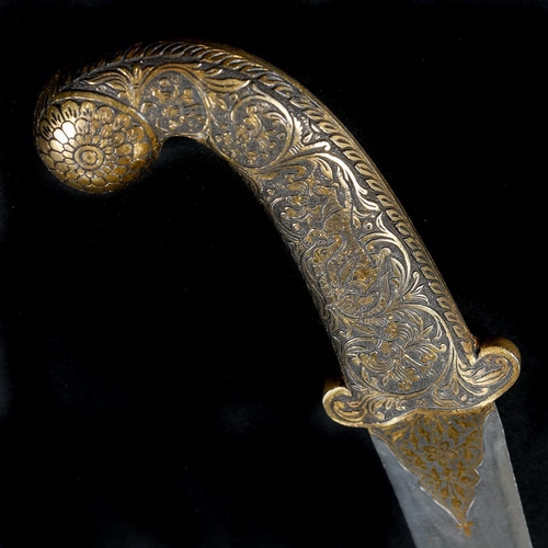 258 - An Indian dagger khanjar. Recurved DE pattern welded blade 23cms gold damascened at forte, iron hilt... 