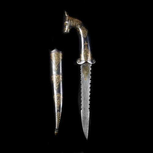 259 - An Indian dagger khanjar. Serrated pattern watered blade 15cms, steel hilt with horse’s head pommel ... 