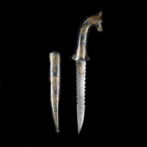 259 - An Indian dagger khanjar. Serrated pattern watered blade 15cms, steel hilt with horse’s head pommel ... 