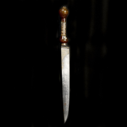 262 - An Ottoman Turkish dagger kard. Straight SE 20th century blade 21cms, gold damascened at forte, hilt... 