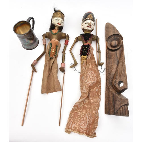 368 - 2 Indonesian rod puppets, Wayang Golek, articulated toys with elaborate painted heads, the faces whi... 