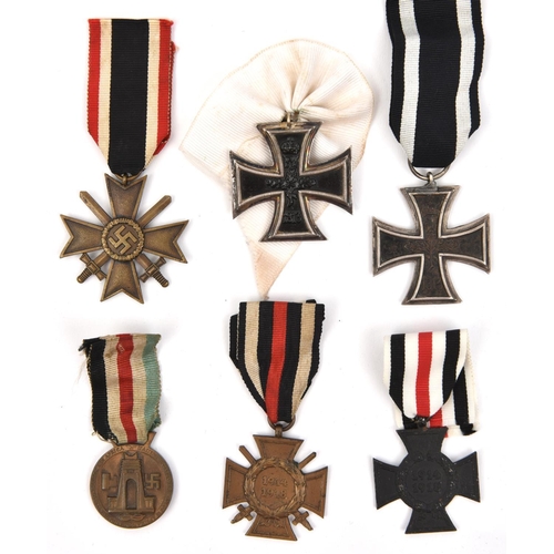 378 - 6 German medals, 1914 Iron Cross 2nd class, another (suspender repaired), 1914-18 Honour Cross with ... 