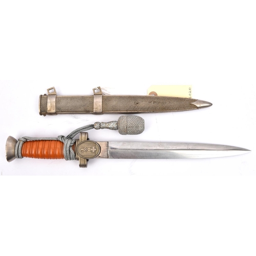 431 - A Third Reich Red Cross Leader’s dagger,  with plated grey metal mounts and orange grip, in its shea... 