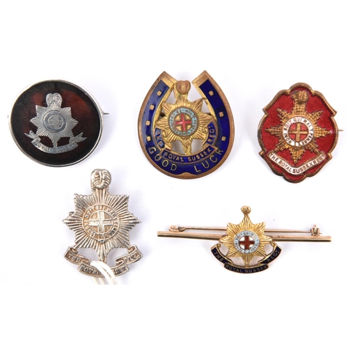 442 - 5 R Sussex Regt sweetheart items: nice quality 9ct enamelled badge on tie pin, small silver badge HM... 