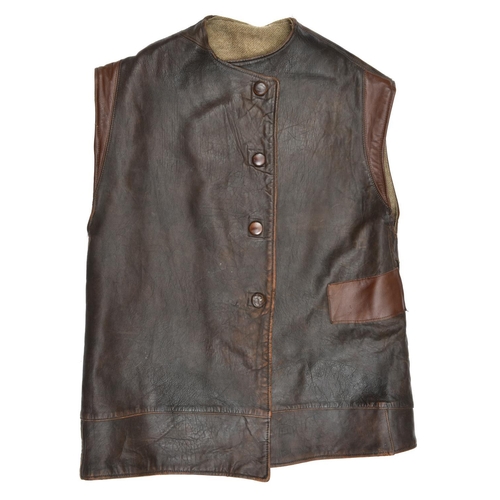 465 - A WWII period leather jerkin,  khaki cloth lining, 4 buttons to chest, traces of label inside. GC   ... 