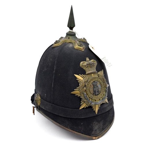 488 - A Vic officer’s helmet of The Yorkshire Regt, the HP, top mount and spike and ear rosettes, worthy o... 