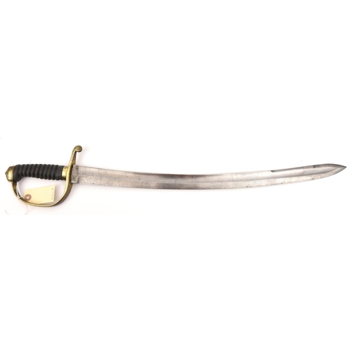 509 - A 19th century constabulary sidearm, curved fullered blade 23”, DE at tip, brass knucklebow and quil... 