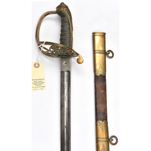 515 - An interesting 1845 pattern infantry officers sword,  curved, fullered blade 32”, with combined mark... 